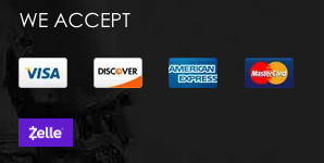 Payment logos for Visa, Discover, American Express, MasterCard, Zelle.